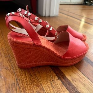 Kate Spade New York Frenchy Leather Espadrille Wedge Sandal 10 coral tamarillo